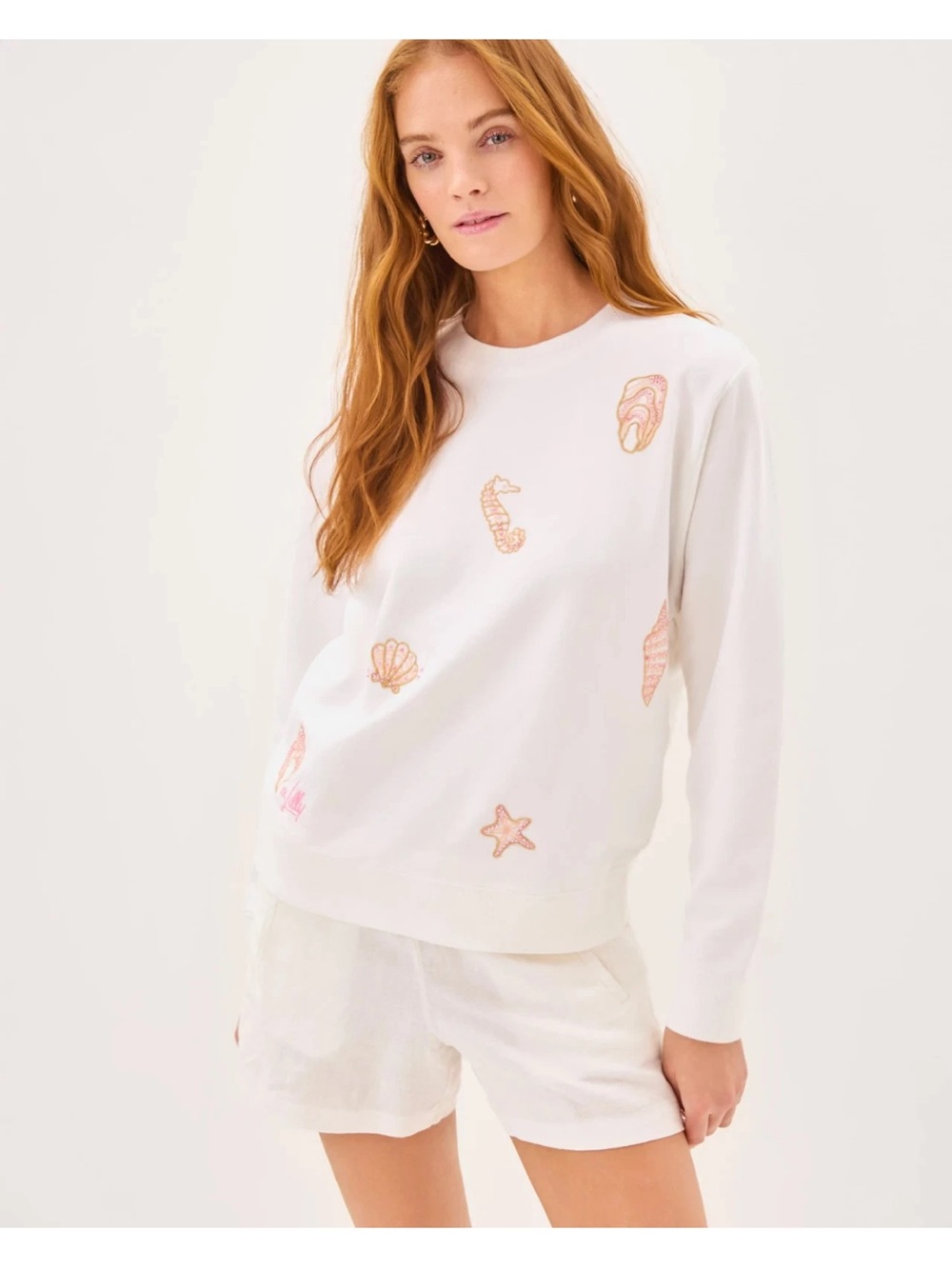 Lilly Pulitzer Ballad Cool as a Shell 🐚 Seashell Embroidered Sweatshirt xl